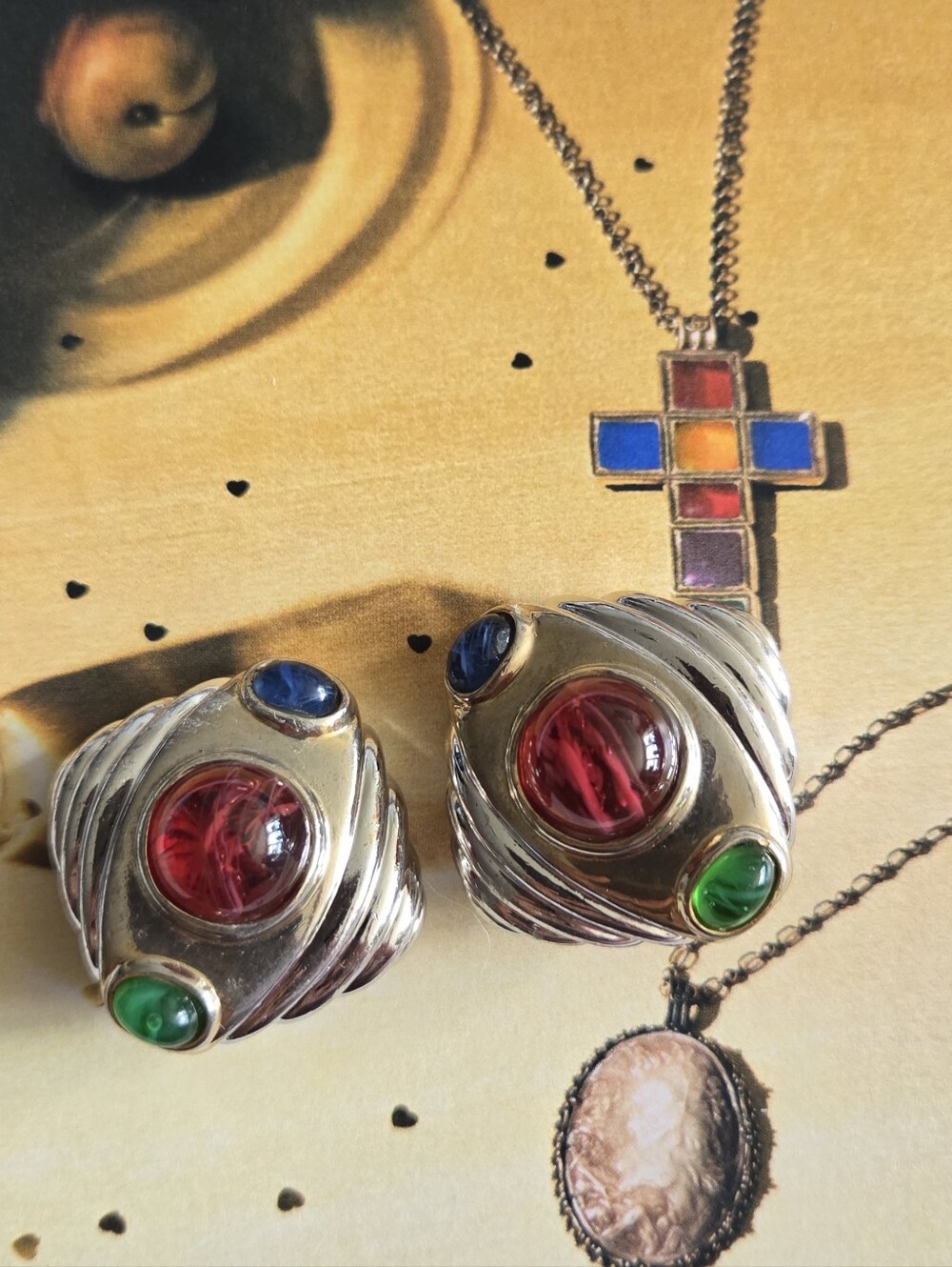 Silver Multi-Gem Clip-On Earrings - Red, Blue & Green